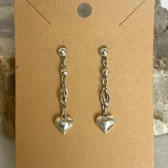 Sterling Silver 925 Dainty Petite Spiral Puffy Heart Dangle Drop Earrings - Picture 16 of 16